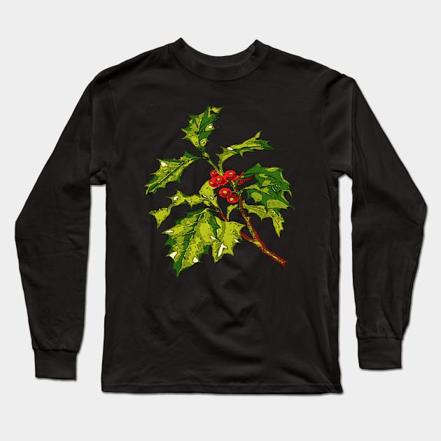 Black Outline Art Of Christmas Holly Cut Out Long Sleeve T-Shirt by taiche